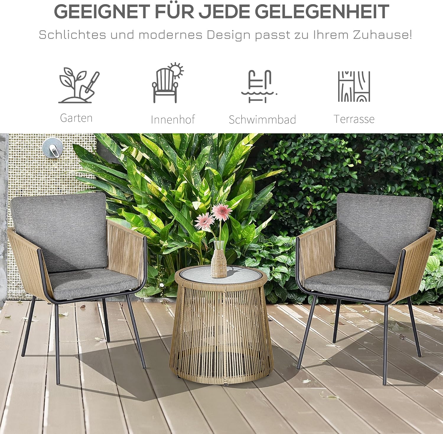 Outsunny Polyrattan Gartenmöbel Set, Outdoor Balkonmöbel für 2 Personen, 3-teilig Gartenmöbel mit 2 Stühle, Tisch Sitzkissen, wetterfest Sitzgruppe für Garten, Terrasse Balkon, Grau