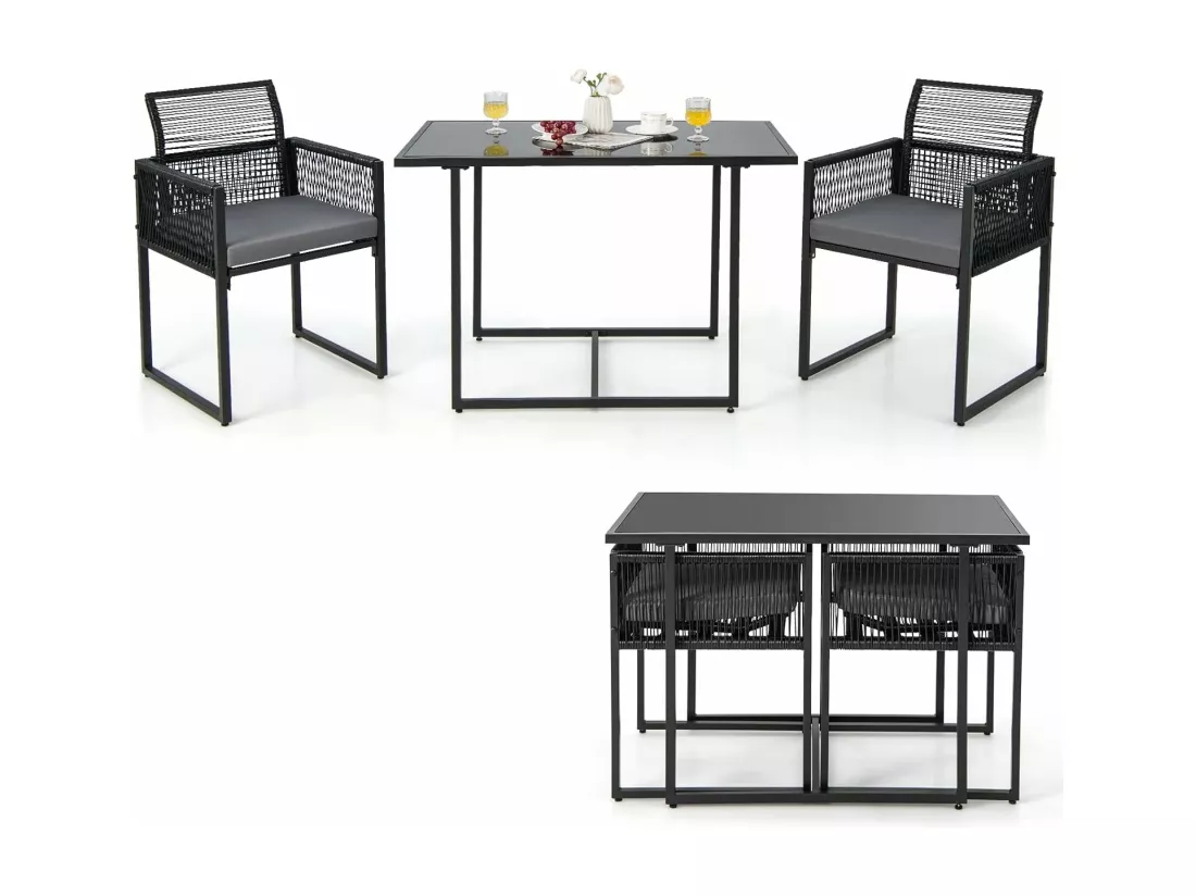 Ensemble de Meubles de Patio 3 Pcs en Rotin et fibre naturelle PE avec Dossier Pliant Charge 150KG, Salon de Jardin avec Coussins Plateau de Table en Verre Trempé, pour Jardin Bord de Piscine