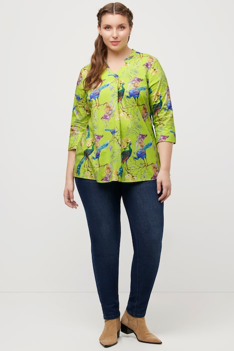 Bluse, Pfauen, Stehkragen, V-Ausschnitt, 3/4-Arm