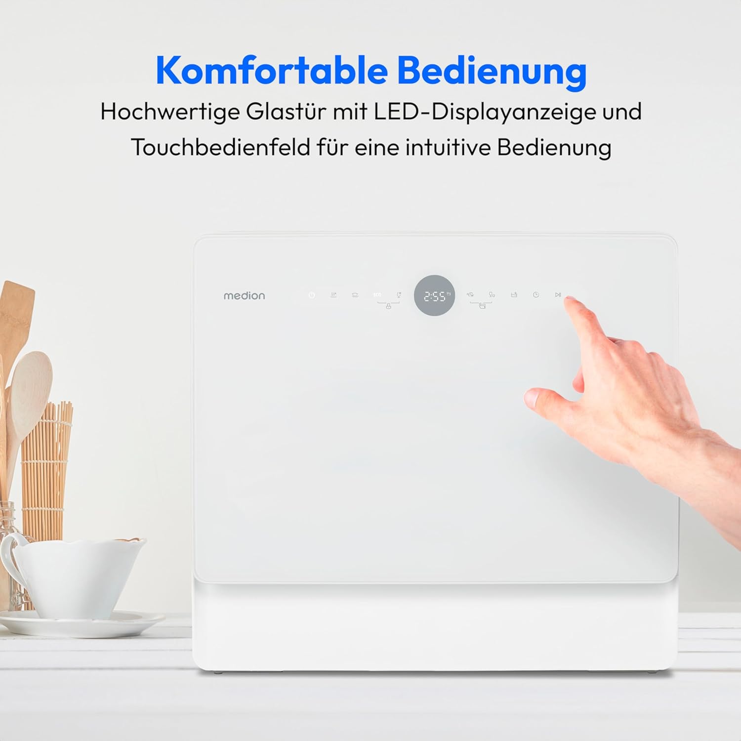 MEDION Mini Geschirrspüler DWT50 (Tischgeschirrspüler, Spülmaschine, 5 Maßgedecke, funktioniert mit Wasseranschluss, 35 cm tief, 7 Reinigungsprogramme, MD 37775) weiß