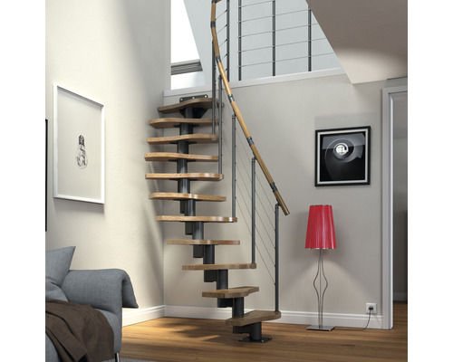 Pertura Vaia ruimtebesparende trap, middenboom, antraciet, variabel, kwartslag, links/rechts onder, recht, 64 cm, balustrade, eiken gelamineerd hout, gelakt, 11 treden / 12 stootborden