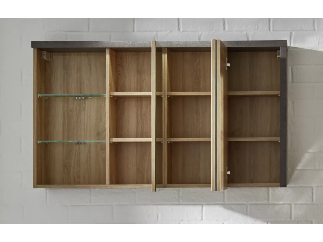 Meuble salle de bain mélaminé. Armoire de toilette avec miroir. L - H - P : 123 - 71 - 18 cm