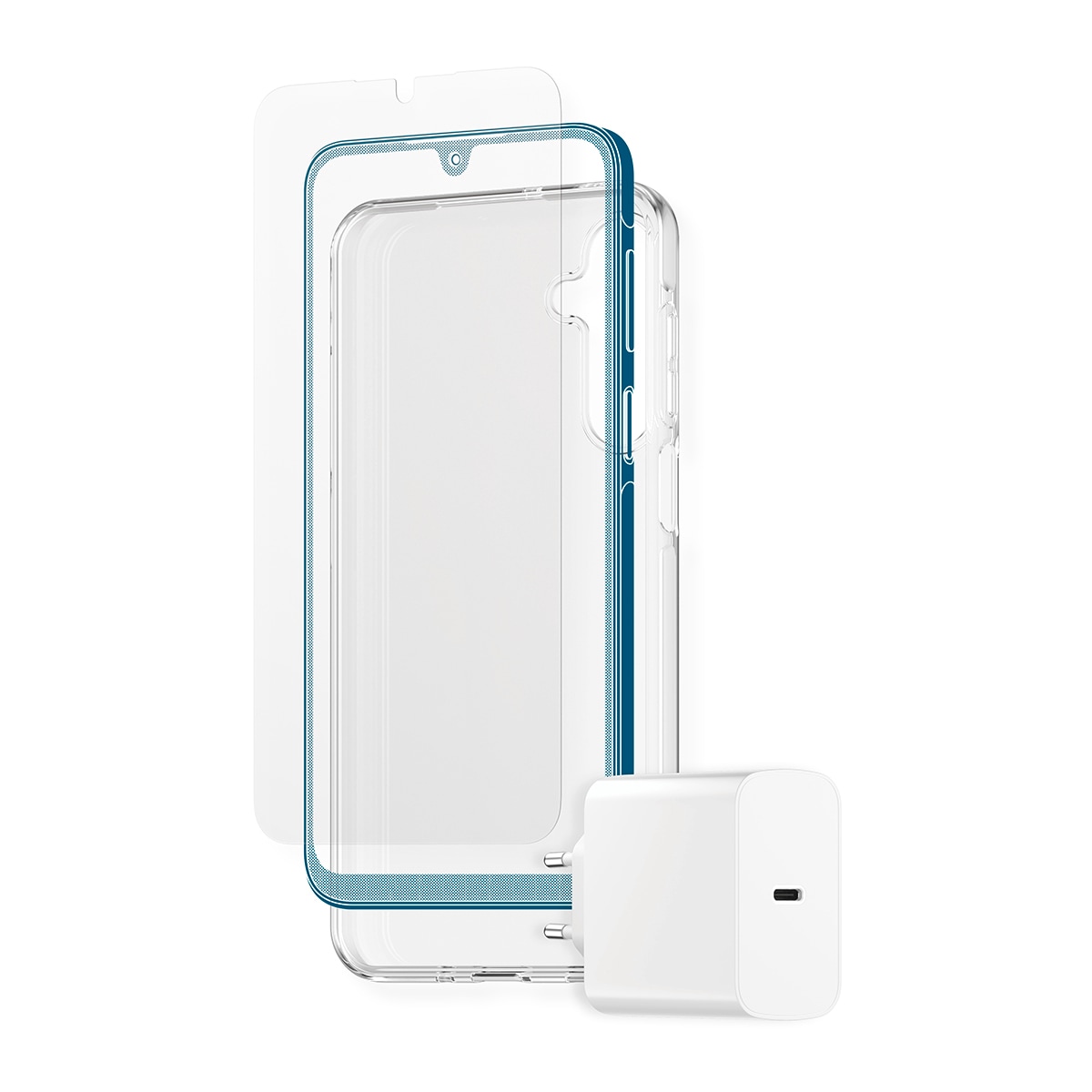 CARE by PanzerGlass USB-Ladegerät »StartKit - alles drin - Screen Protector, Case & Charger« Set, 20W Ladegerät, Displayschutzglas, TPU-Schutzhülle, 3 Stk. tlg. 3-in-1 Bundle für Samsung Galaxy A16