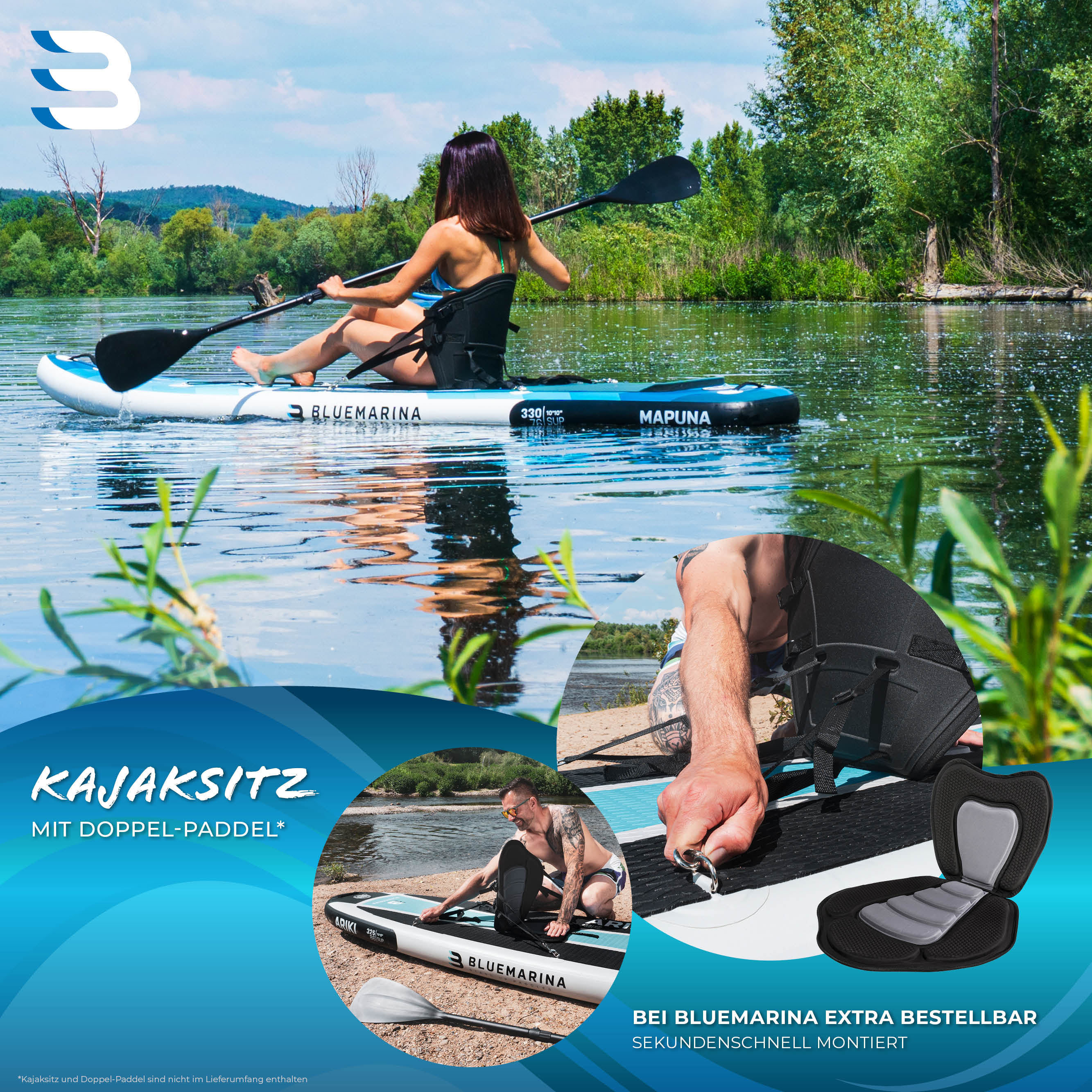 Bluemarina SUP Board Mapuna Sport, Kickpad, Double Layer, Paddel, Pumpe, Rucksack, 5J Garantie