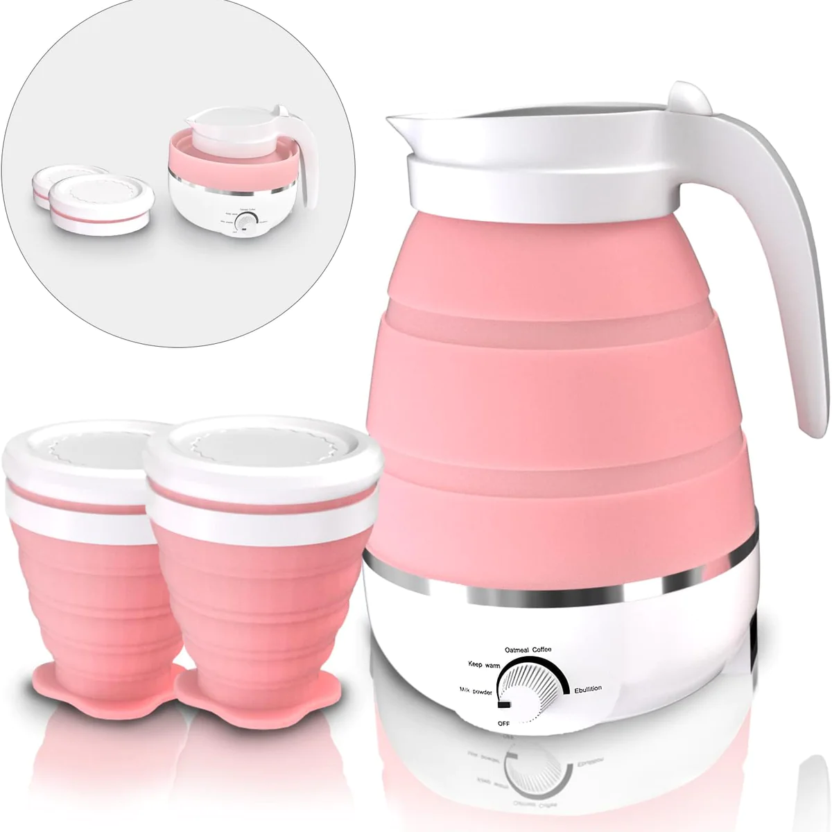 Bouilloire électrique pliable de 0,6L et 2 tasses pliables rose Vendos