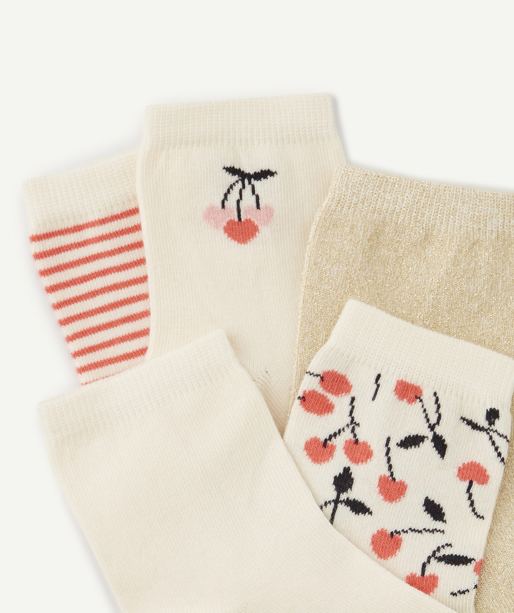 LOT DE 5 CHAUSSETTES HAUTES FILLE ÉCRU ET ROSE AVEC CERISES