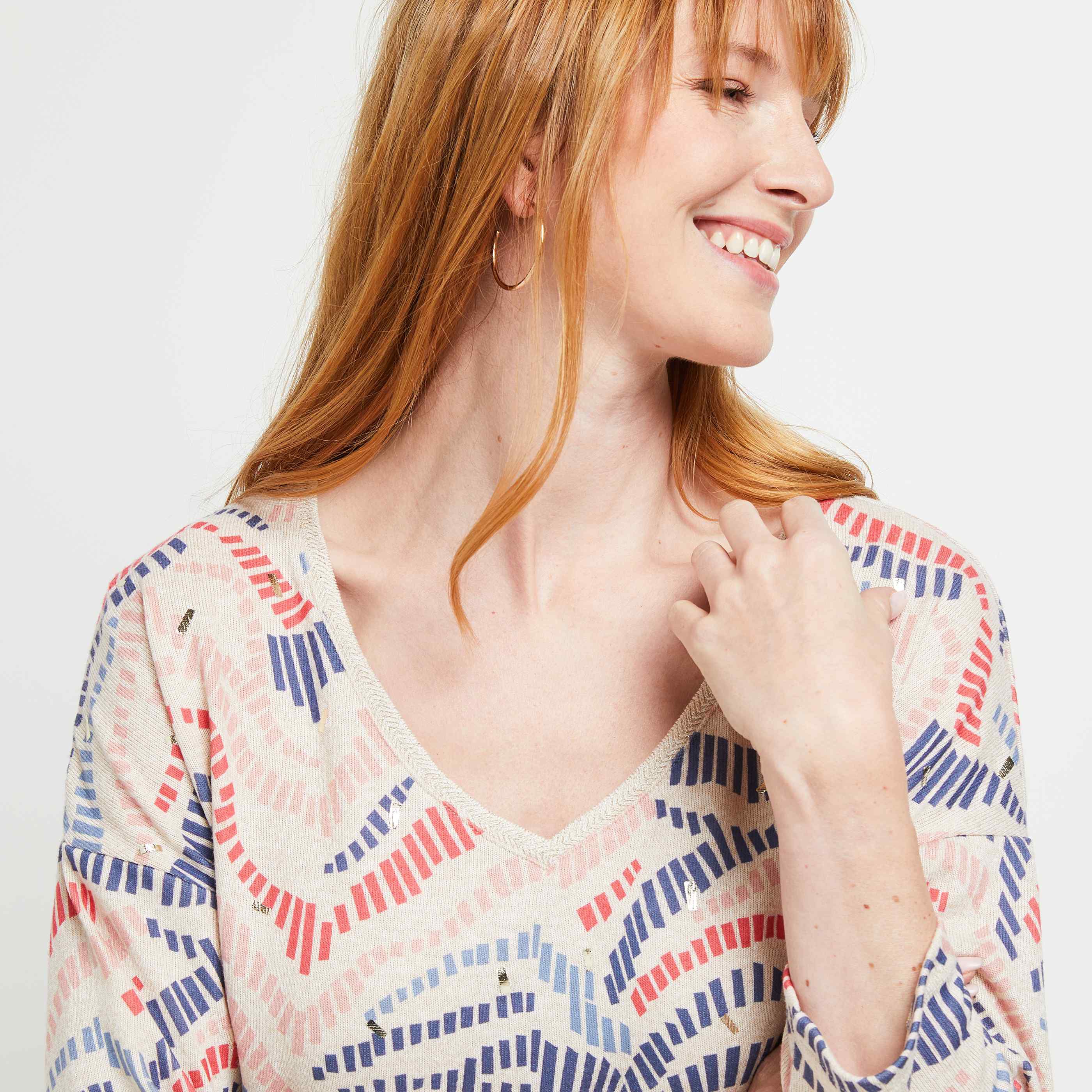 T-shirt en maille col V femme - BEIGE