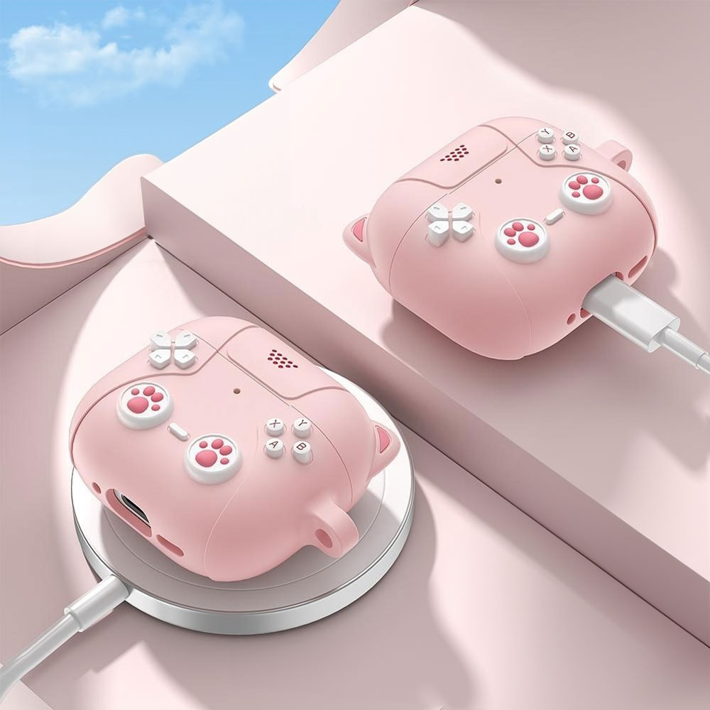 AirPods 4 Gummi Schutzhülle Retro Spielekonsole mit Katzenohren Abdeckung mit Karabinerhaken - Rosa
