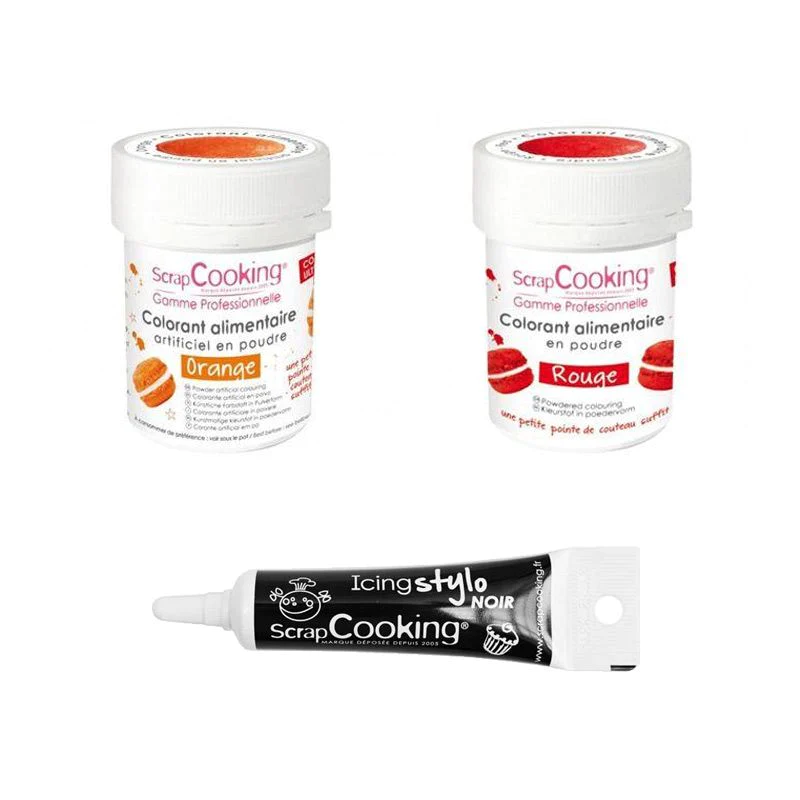 2 colorants alimentaires rouge-orange + Stylo glaçage noir Scrapcookin