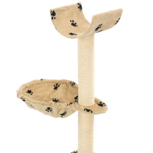 Arranhador para gatos com poste de sisal, bege, com estampa de patas.