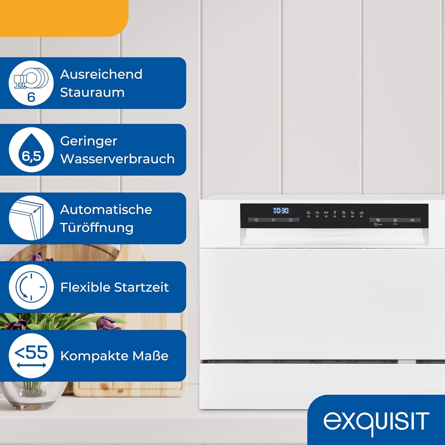 Exquisit Mini-Geschirrspüler, Tischspülmaschine, 55 cm breit, spülmaschine klein, Auto Türöffner, ECO-Modus, GSP5206-030D weiss