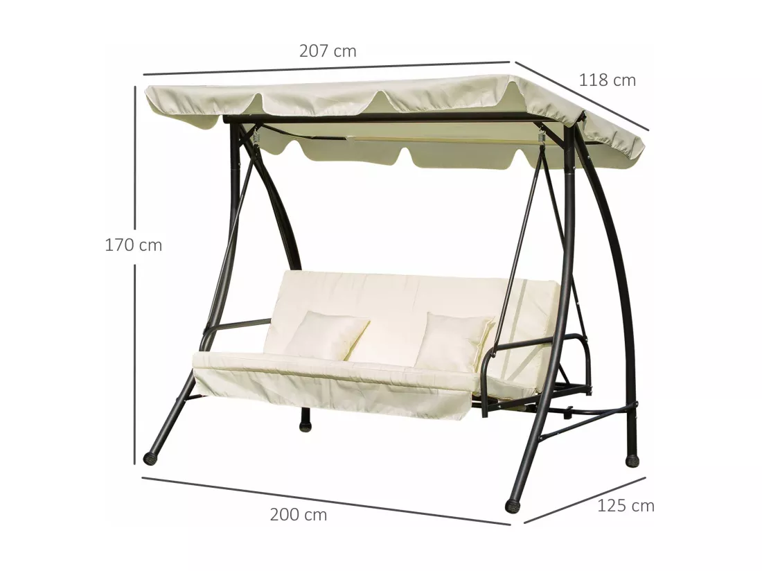 Balancelle de jardin convertible 3 places grand confort inclinaison toit réglable matelas et coussins fournis 2L x 1,25l x 1,7H m métal polyester noir et crème