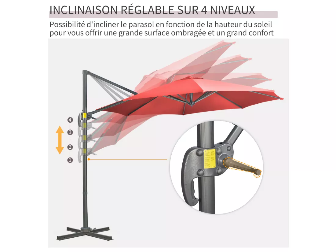 Parasol déporté octogonal inclinable manivelle avec pied en acier Ø 2,94 x 2,48H m rouge