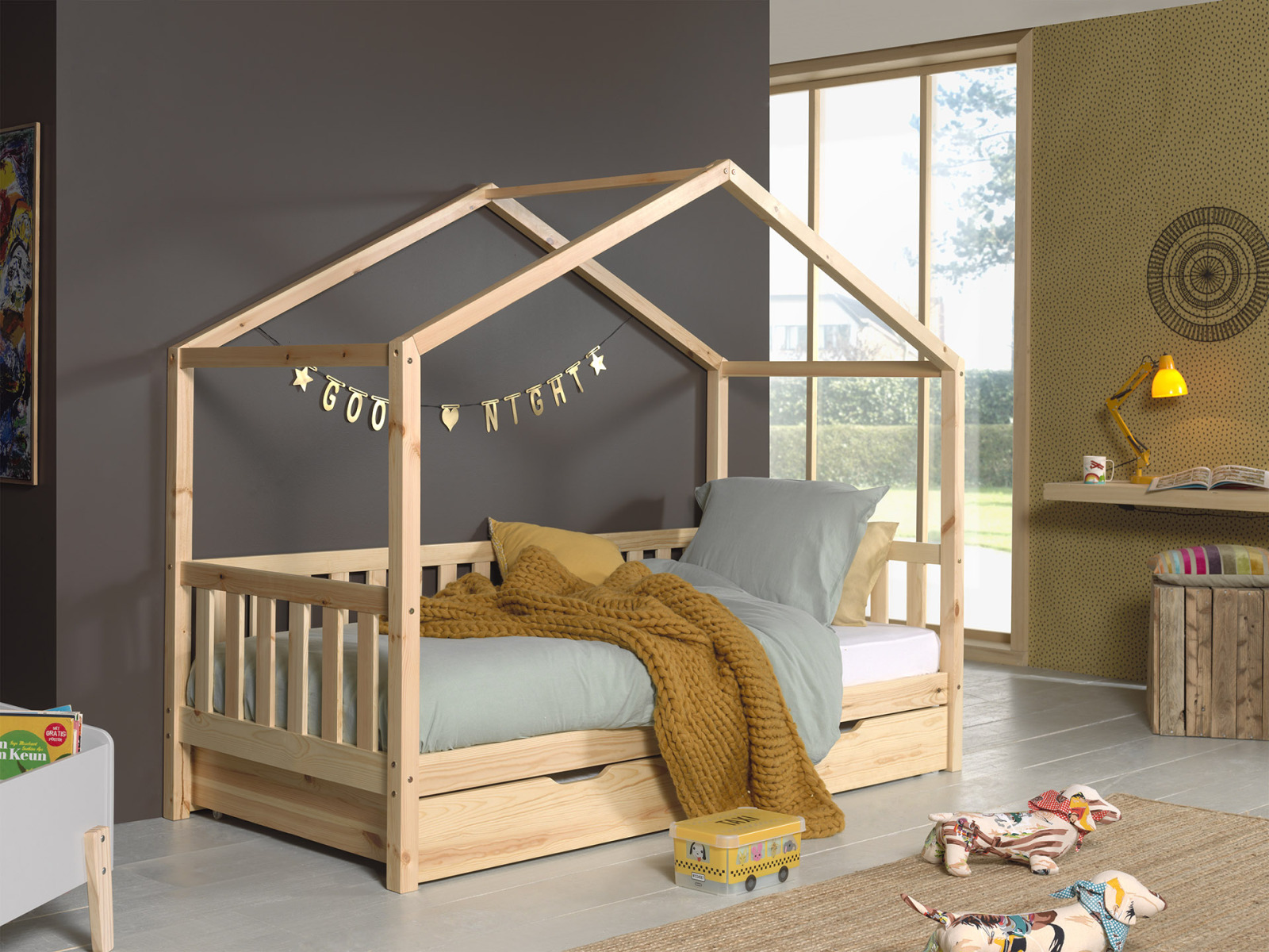 Hausbett DALLAS - natur - Kiefer massiv - 90x200 cm - Bettschublade
