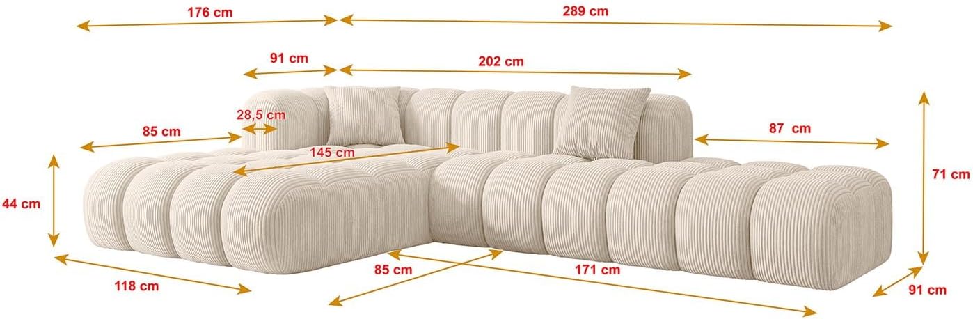 ALTDECOR Ecksofa in L-Form Corner Sofa Bett Eckcouch Couch Wohnlandschaft Cauchsofa Olea-L2-289x176x71 cm Beige