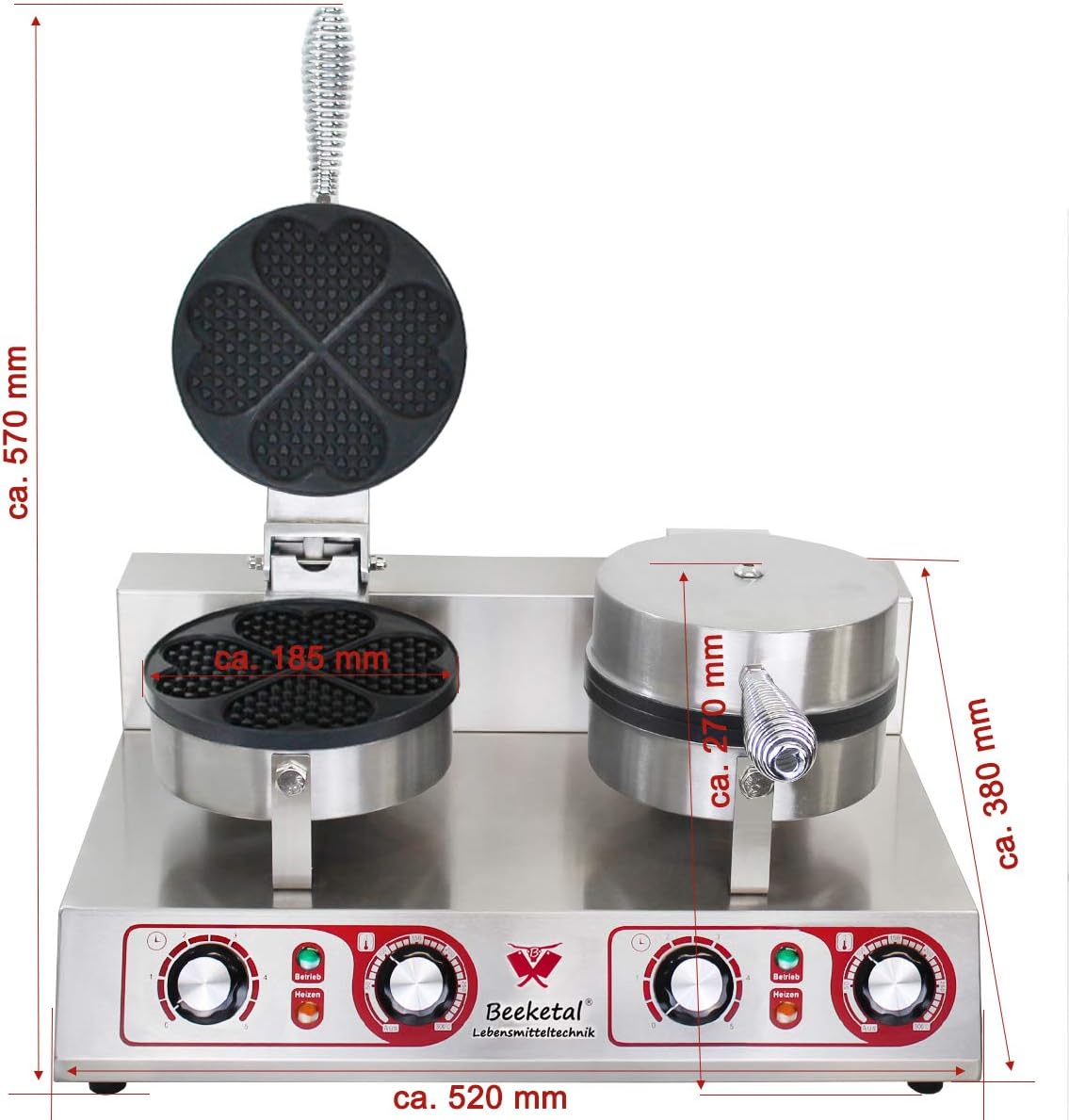 Beeketal 'BWA-2P' Profi Gastro Doppel Herz Waffeleisen mit antihaftbeschichteten Backplatten (2 x 4 geteilt Herzform), Waffelautomat für belgische Herz Waffeln, 50-300 °C stufenlos