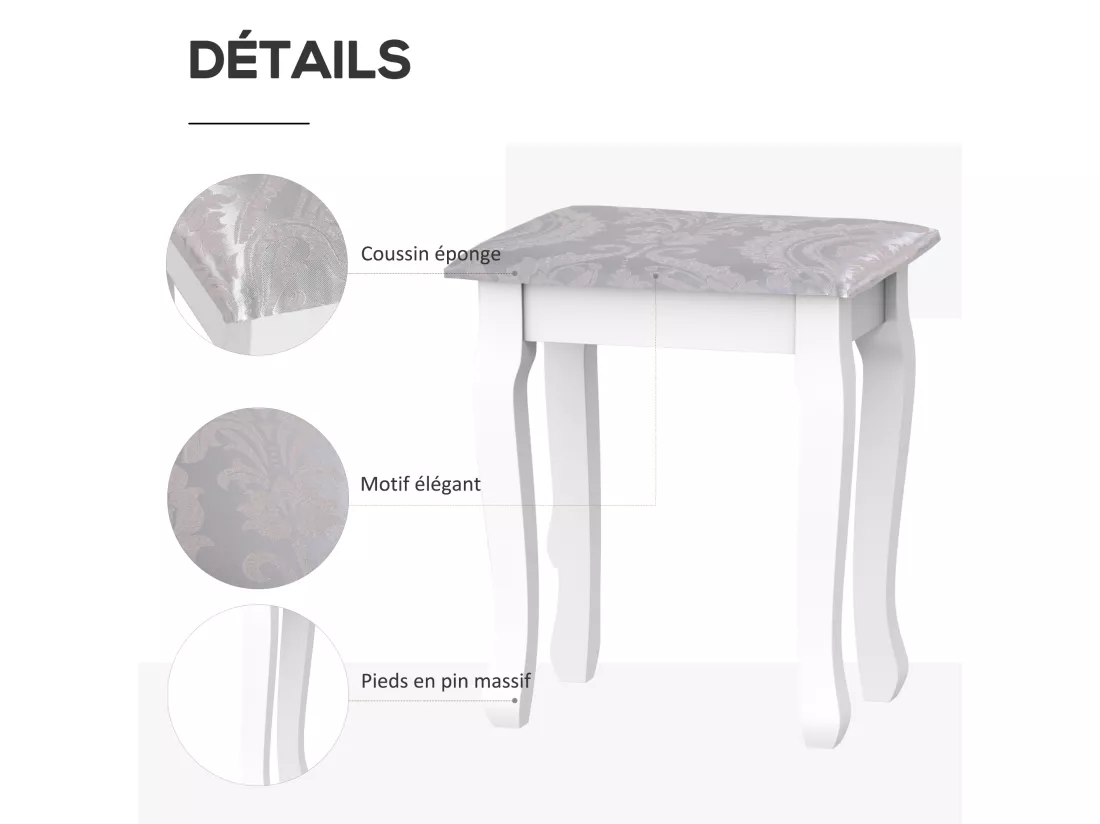 Coiffeuse et tabouret style baroque 5 tiroirs miroir ovale pivotant 360° MDF bois blanc