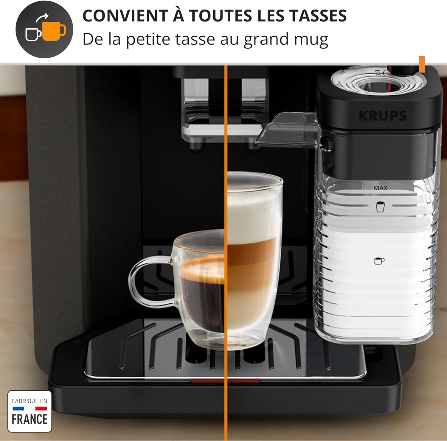 Krups Sensation Lait, Machine à café grains, machine expresso, 6 boissons, Carafe à lait, Cappuccino, Interface tactile, Nettoyage automatique, Silver, EA912E10