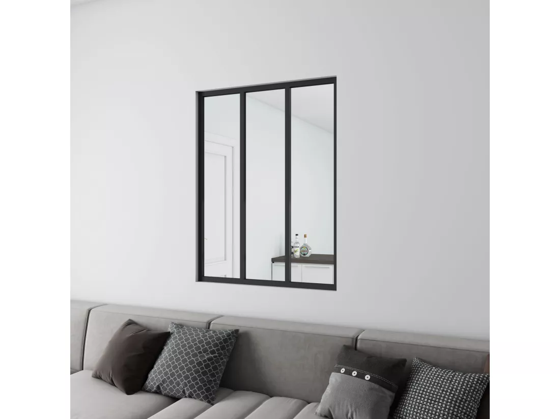 Verrière Atelier en aluminium noir mat - 93x108cm - Noir -3 Vitrages Clairs