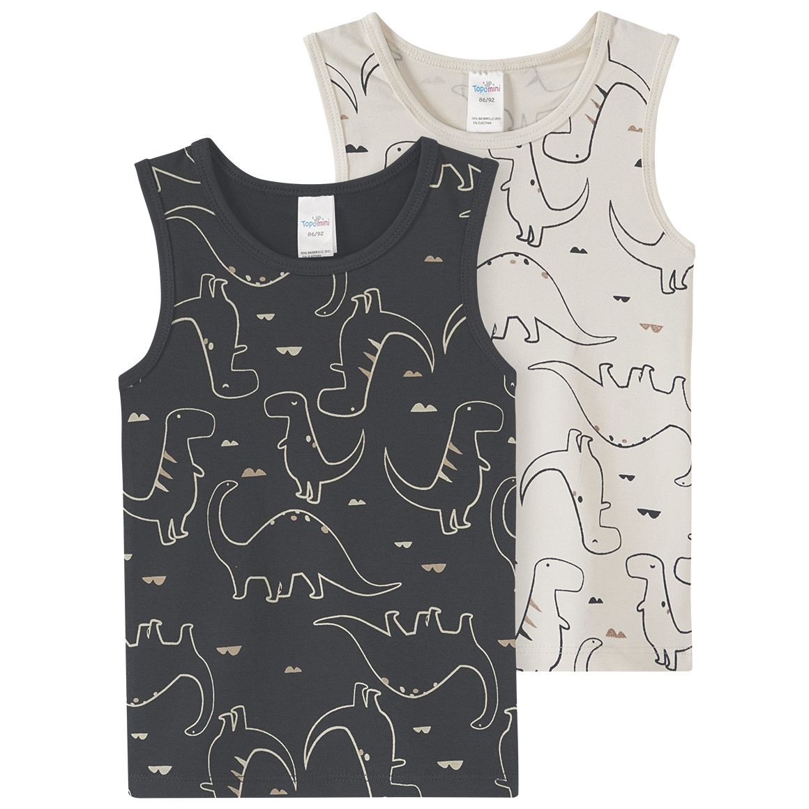 Topomini 2 Jungen Unterhemden mit Dino-Allover dunkelgrau / weiss