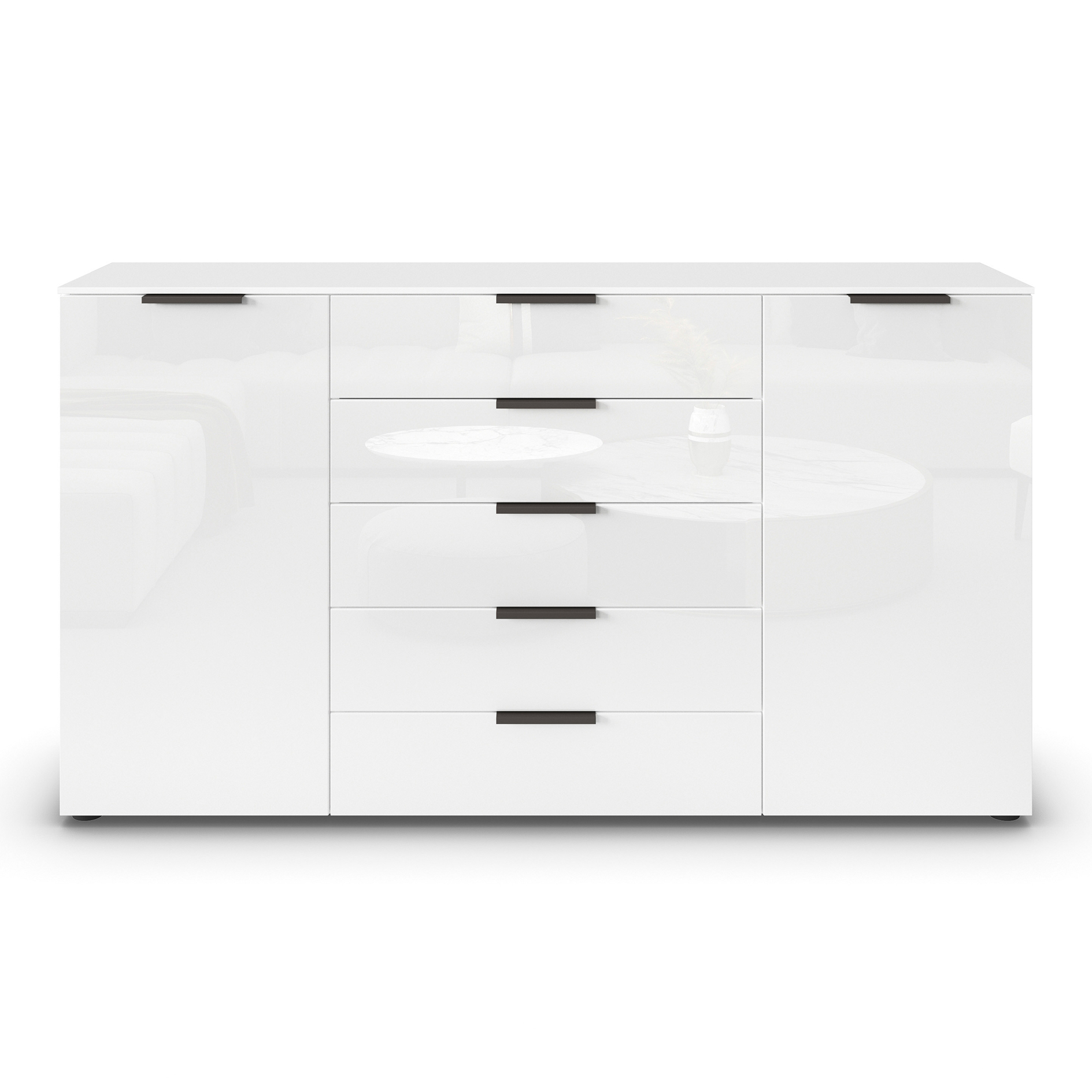 Kommode - alpinweiß-Kristallweißglas - Graphitgriffe - 180 cm