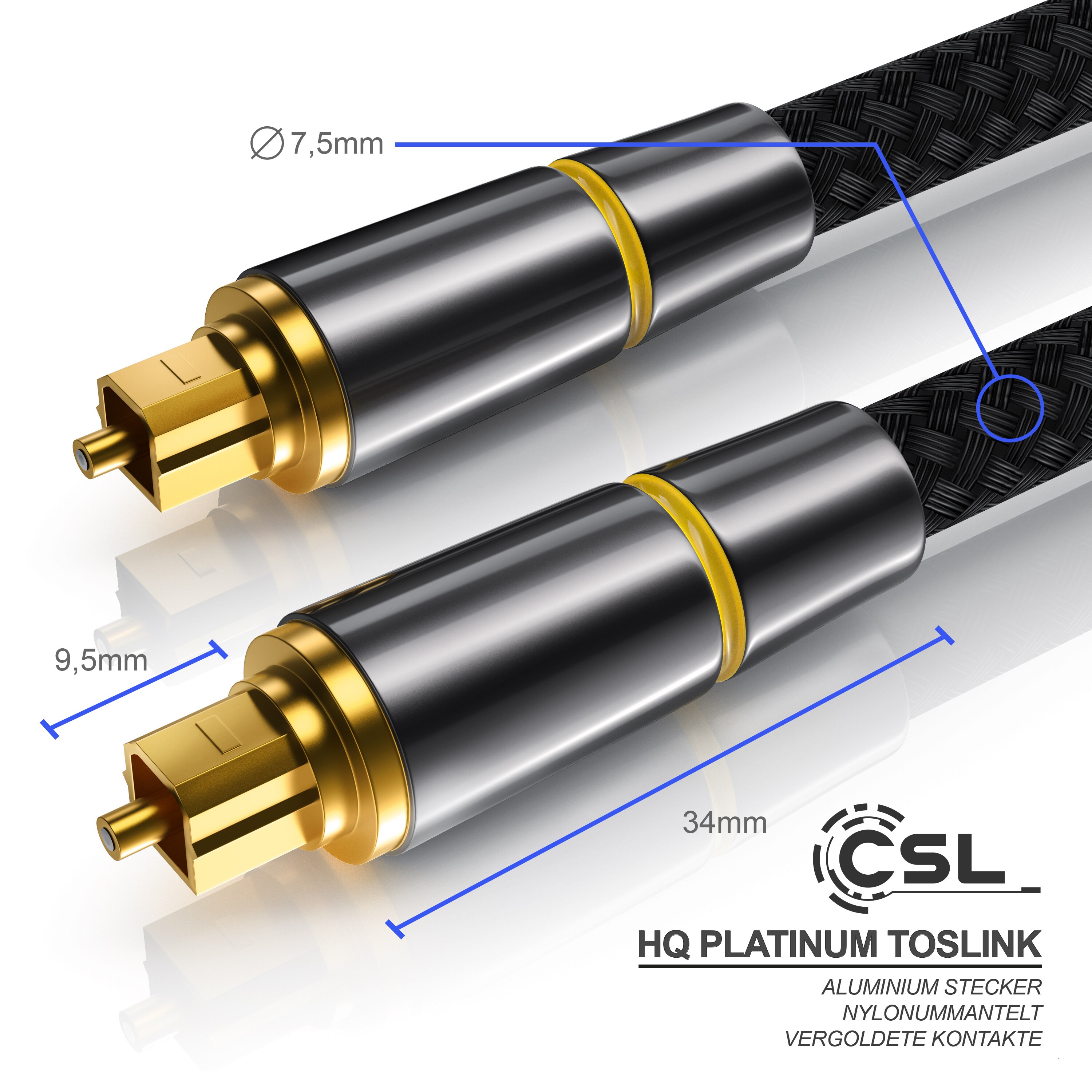 CSL Optisches-Kabel, S/PDIF, Toslink, Metallstecker, Nylonmantel, Lichtwellenleiter, Audiokabel - 2m