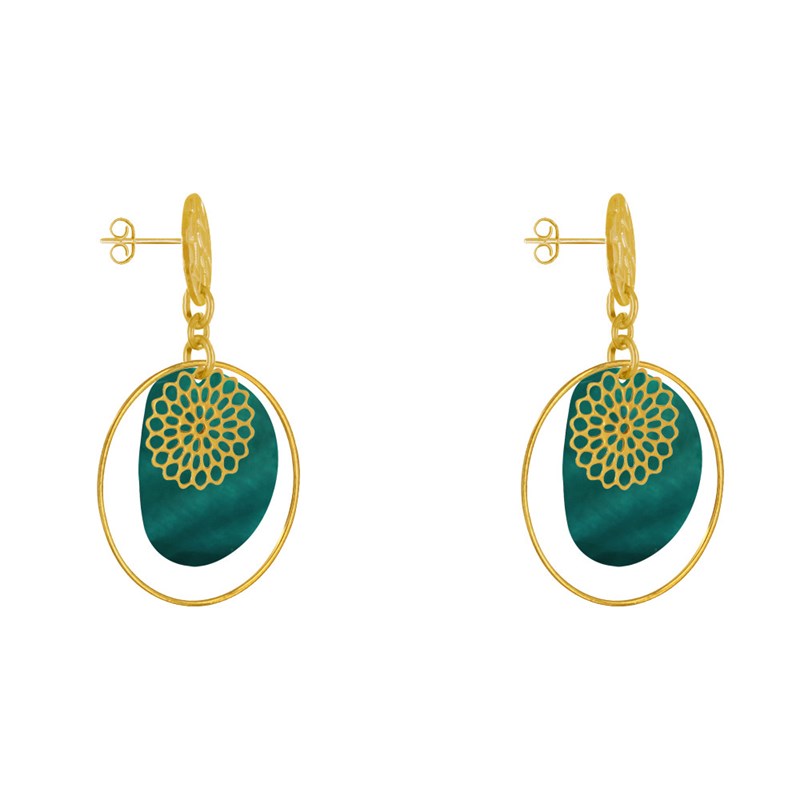 Boucles d'Oreilles Clous Métal Doré Cercle et Pastille de Nacre