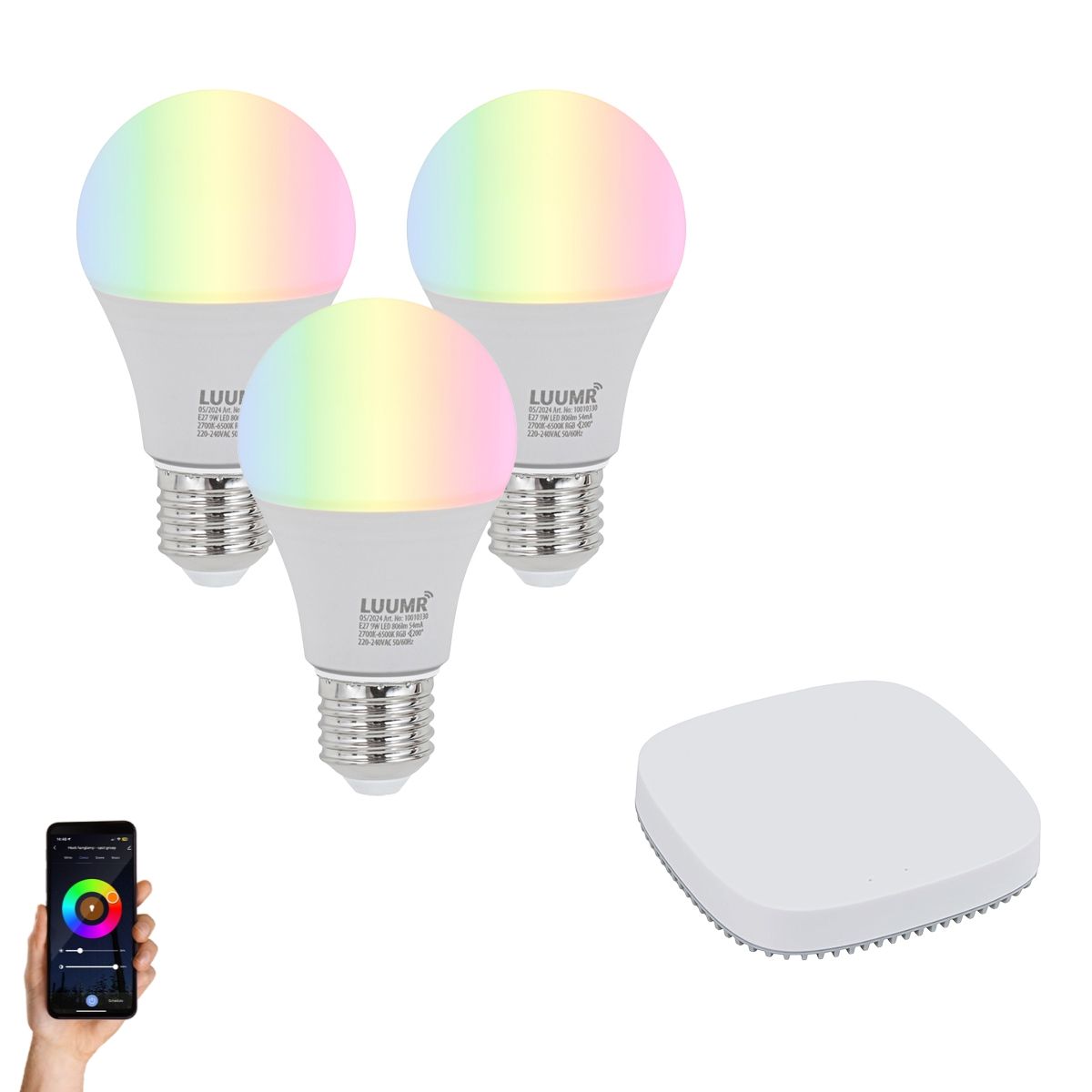 Set van 3 smart E27 dimbare LED lampen A60 9W 806 lm 2700K-6500K incl. Zigbee Smart Hub
