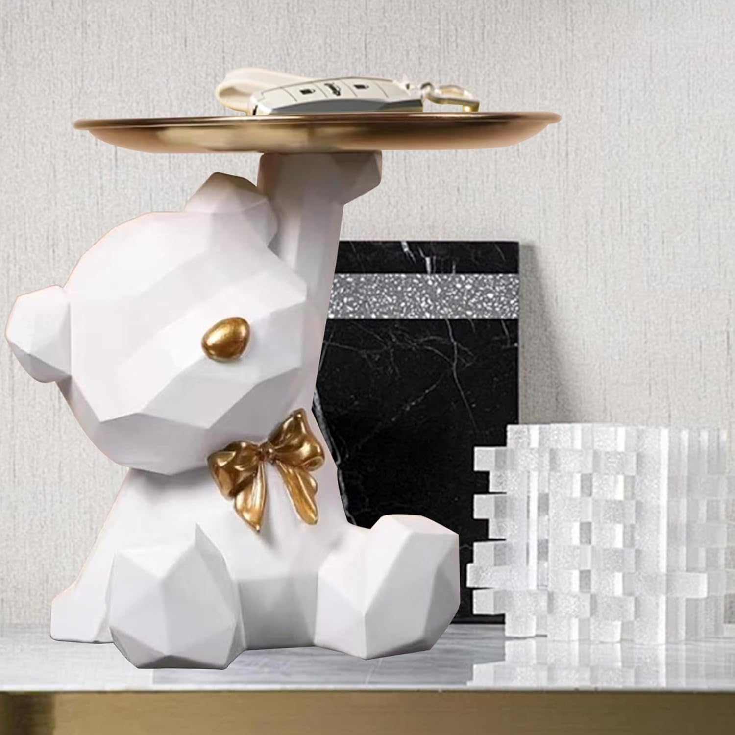 (16x13cm) Sitzender Deko Bär Butler Home Accessoire Teddybär Statue inkl. Schale - Weiss / Gold