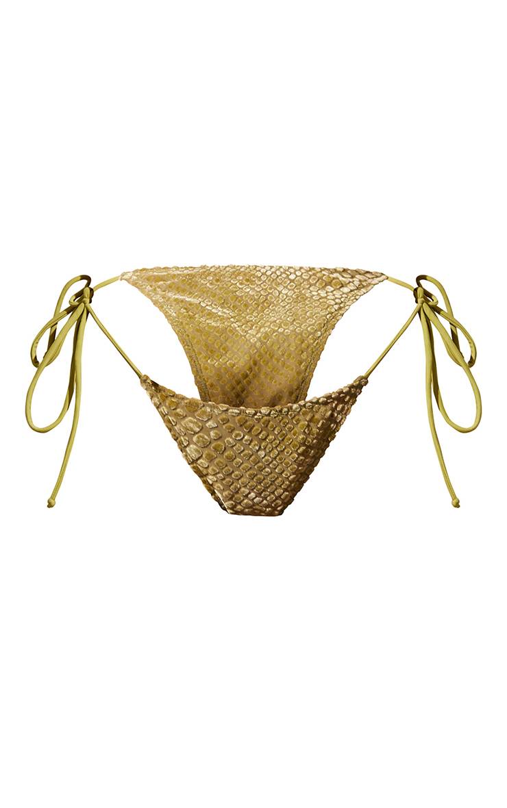 Vert Olive Bas De Bikini Dévoré À Liens Sur Les Côtés