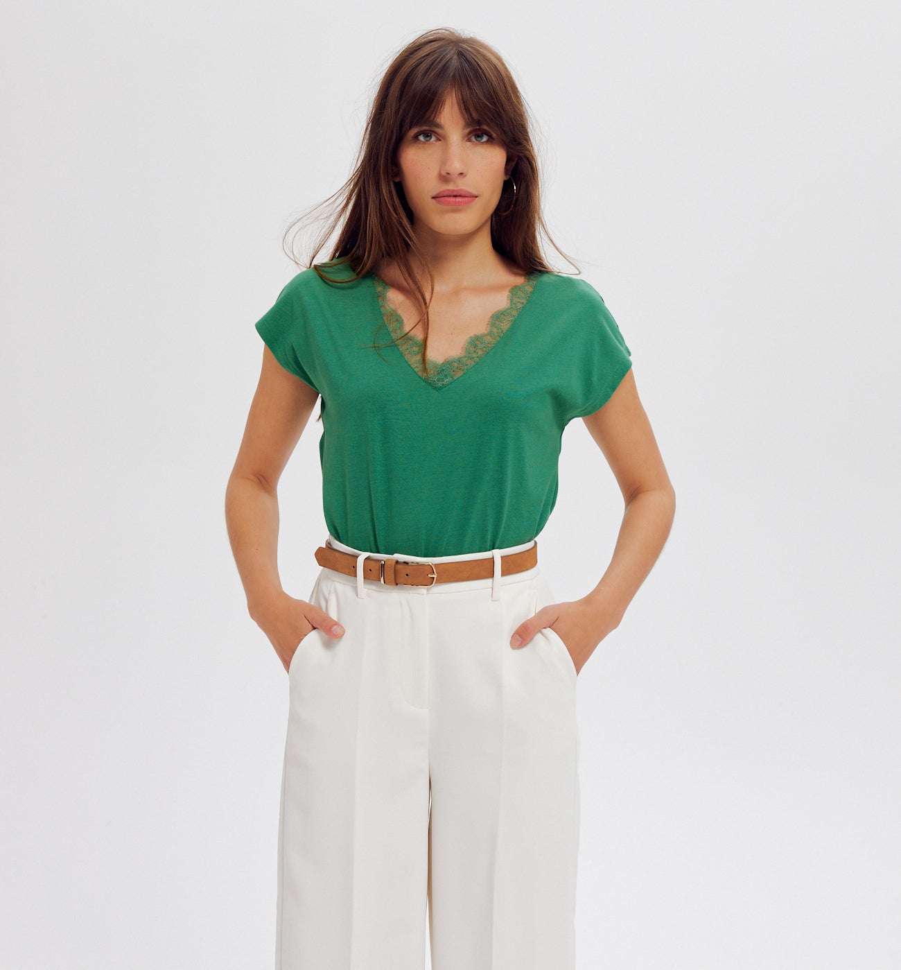 T-shirt détail dentelle Femme - Vert foncé