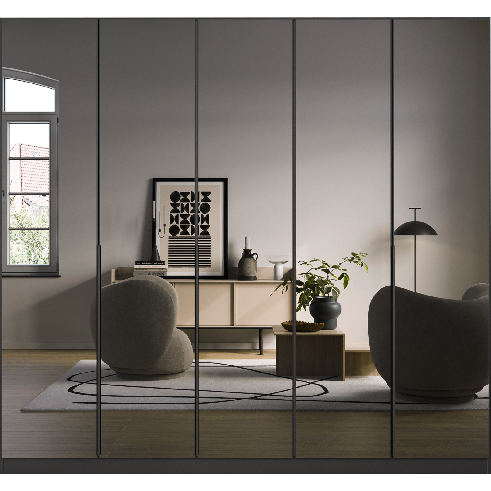 Drehtürenschrank Skyla, 226 x 210 x 54 cm, mit Spiegelfront anthrazit