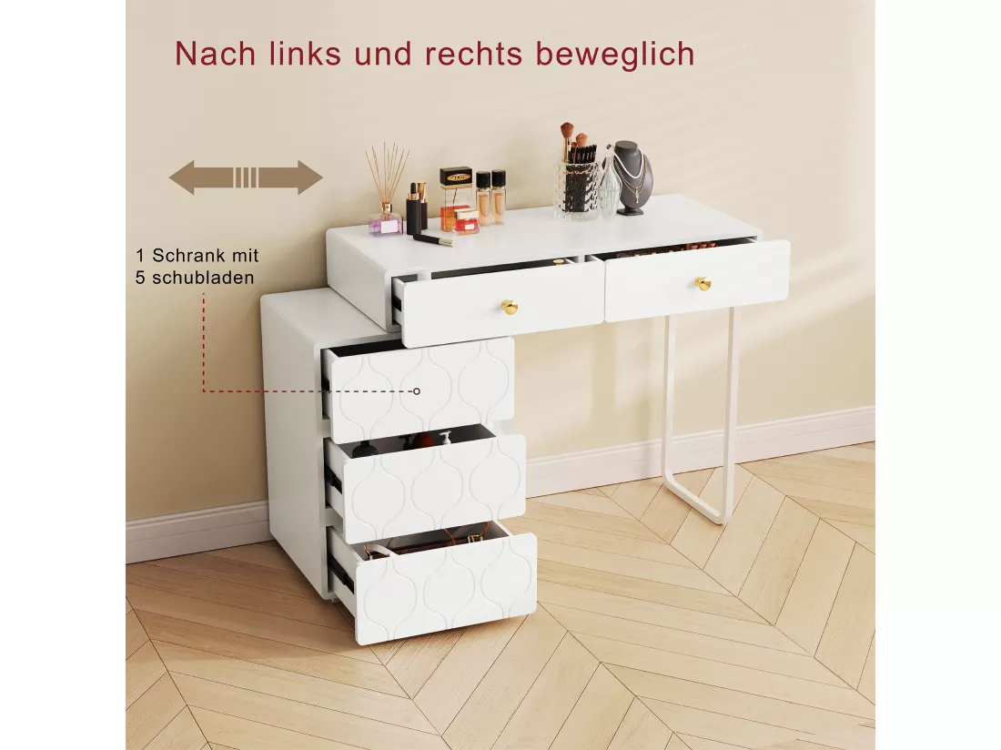 Coiffeuse avec 5 tiroirs et une porte - Sans miroir - 90 x 40 x 73,5 cm - Bois MDF - Blanc