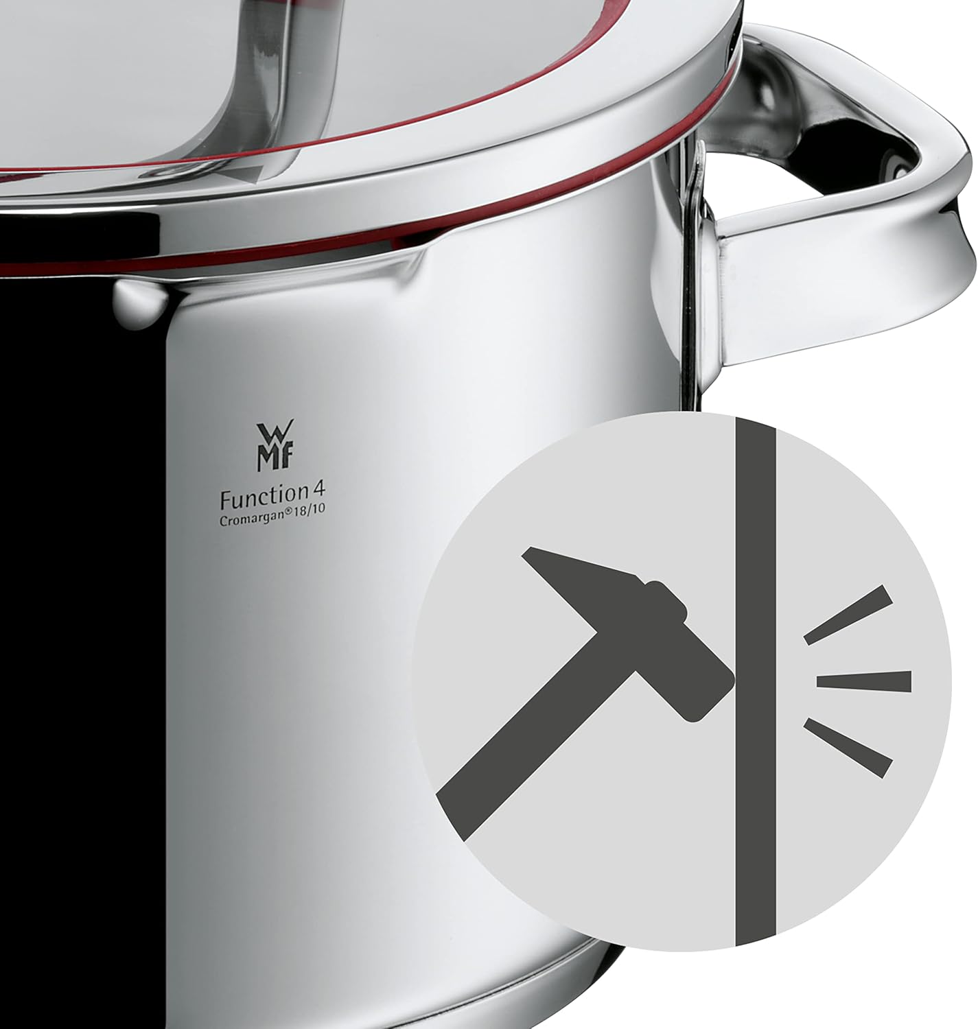 WMF Function 4 Gemüse- Suppentopf Induktion 20cm, Glasdeckel, Kochtopf groß 5,3l, Cromargan Edelstahl poliert, 4 Abgießfunktionen, großer Topf mit Innenskalierung, rot