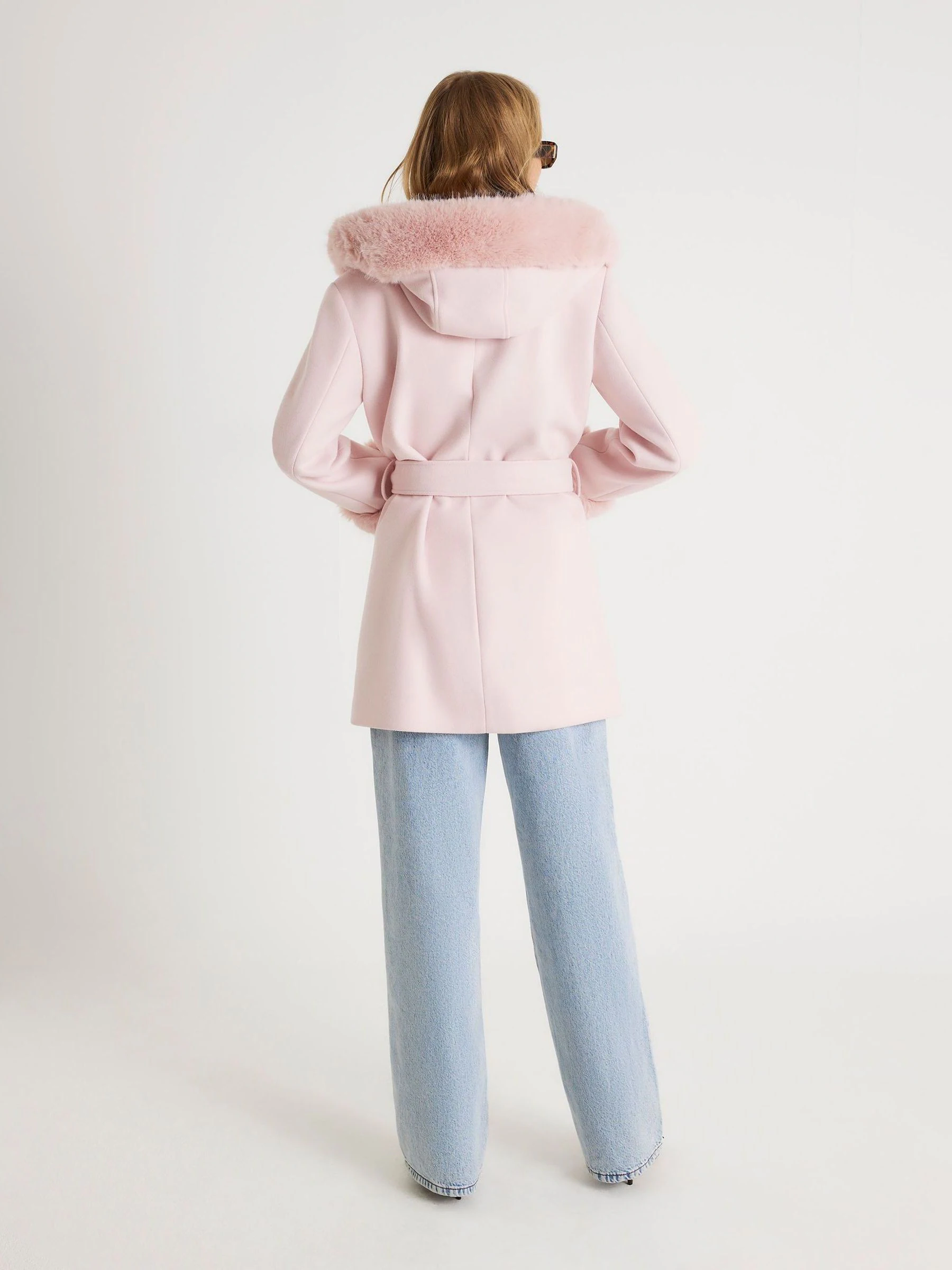 Roze - River Island Fur Trim Hooded Belted Coat