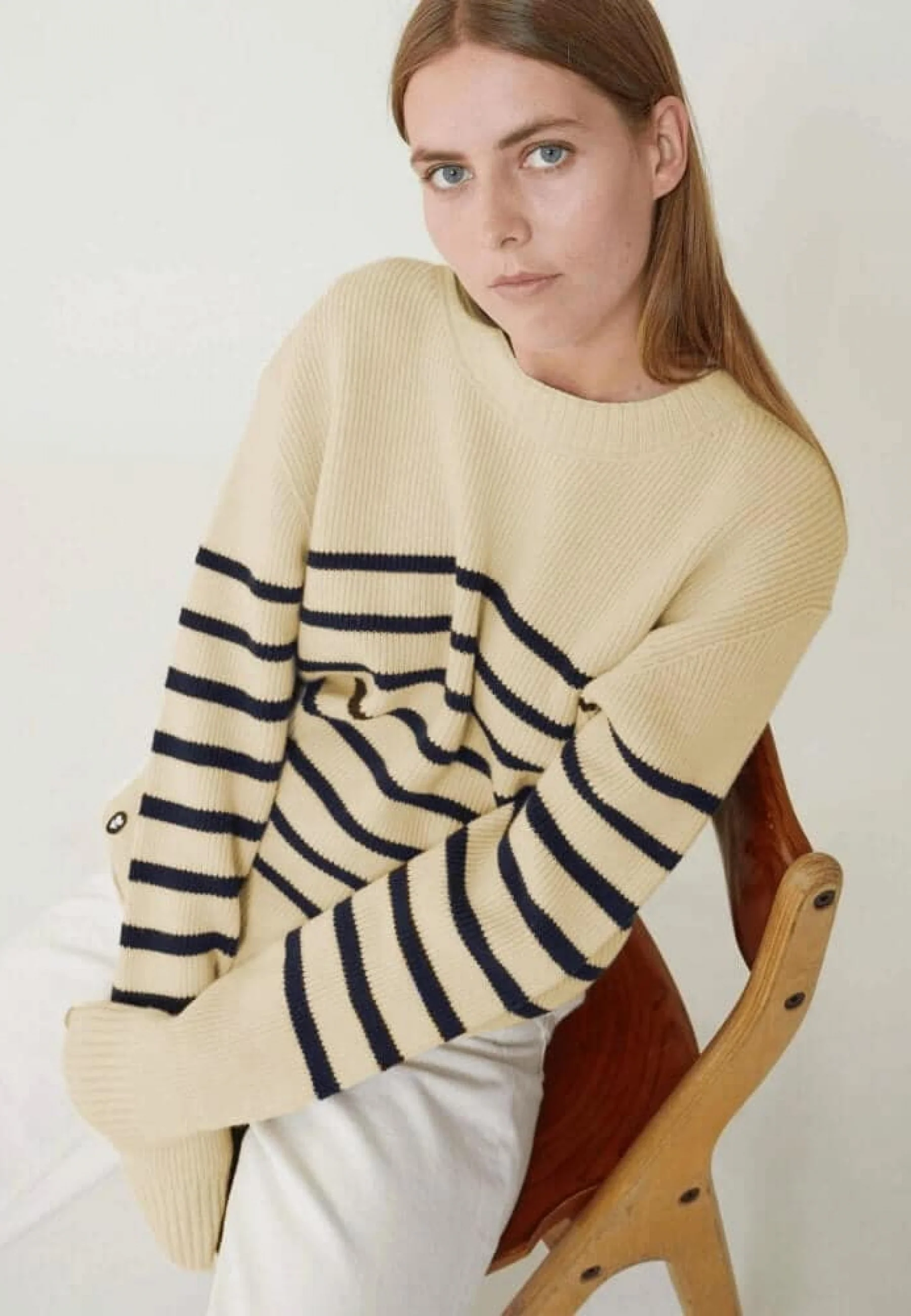 Pull mixte en laine française-Lude Marinière Ecru Marine