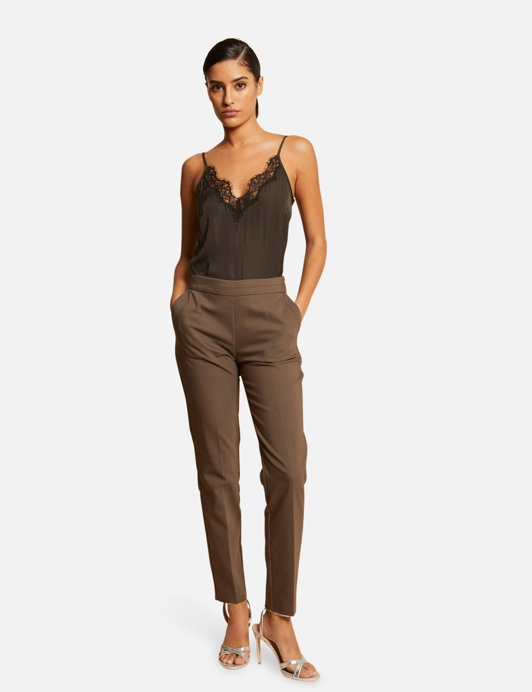 Blouse bretelles fines avec dentelle vert kaki femme - vert_kaki