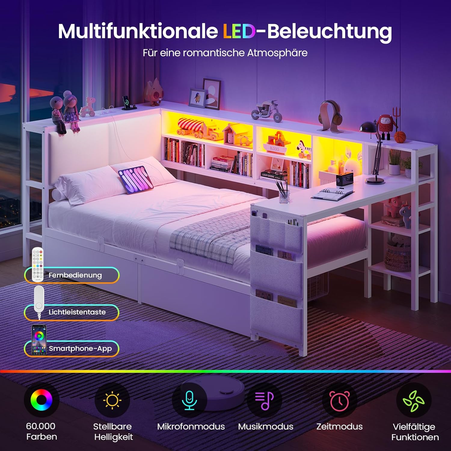 Schlafsofa mit LED-Beleuchtung und Ladestation, Jugendbett 90x200 cm mit einem 35x112cm Tisch und Zwei großen Schubladen, Bett 90x200 Tagesbett mit polsterter Rückenlehne am Kopfteil, Weiß
