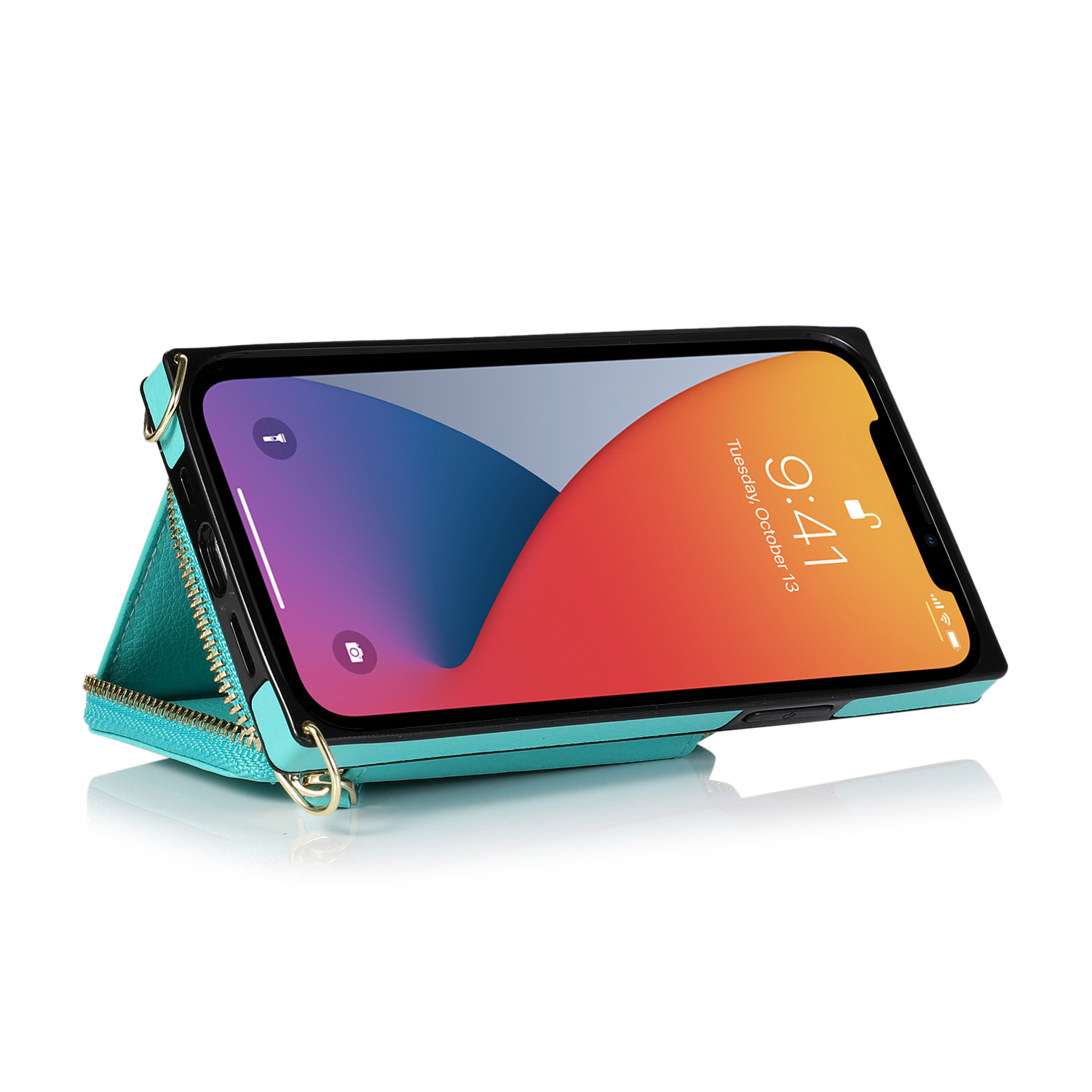 iPhone 14 Pro Max Necklace Leder Schutz Hülle mit Kartenfächer   Handykette (140cm) - Türkis