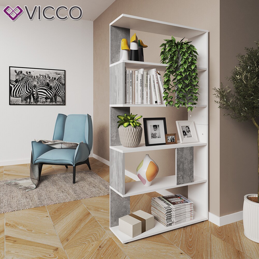 Vicco Raumteiler Bücherregal Standregal Büroregal Regal 5 Fächer Weiß Beton
