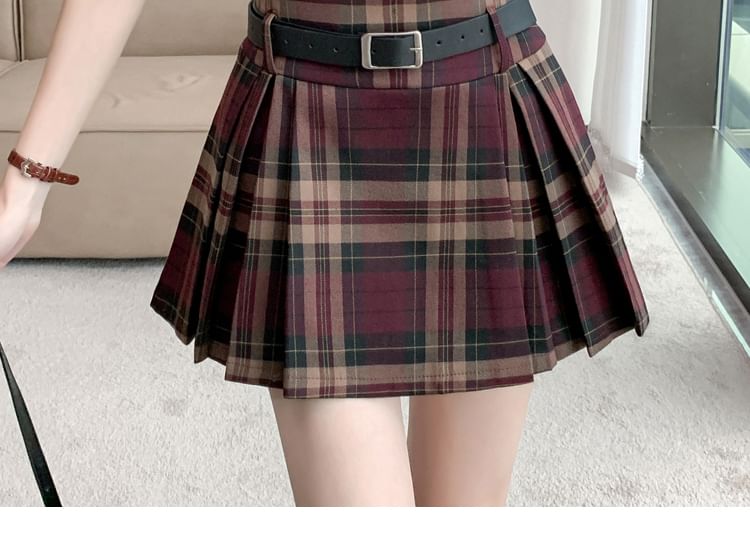 Dute - Hoge taille geruite mini geplooide rok