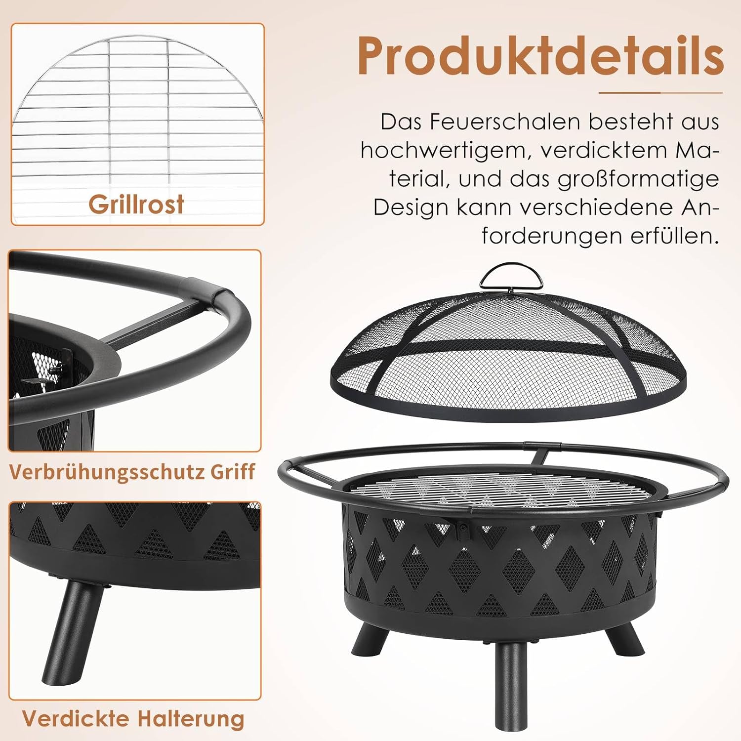 TLSUNNY Feuerschale, Ø 80cm Feuerkorb mit Funkenschutz und Schürhaken, Feuerschalen für den Garten Groß, Feuerstelle mit Grill, BBQ Feuerstelle Outdoor, Retro-Look Fire Pit, Zum Grillen und Heizen