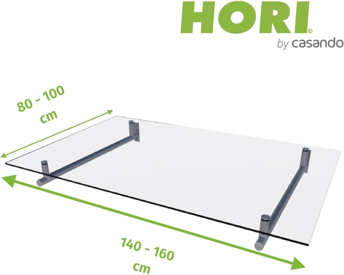 HORI Vordach für Haustür - Eingangstür Überdachung UV-Schutz - Sicherheitsglas Edelstahl Träger Silber - Pultvordach Eingangsbereich - Sonnenschutz wetterfest pflegeleicht - Silber 140 x 80 cm