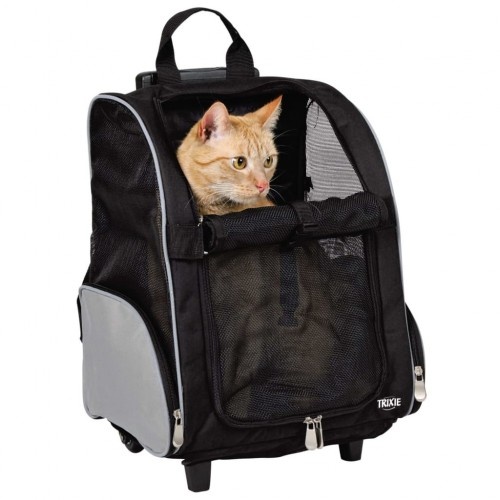 Mochila preta para animais de estimação com carrinho.