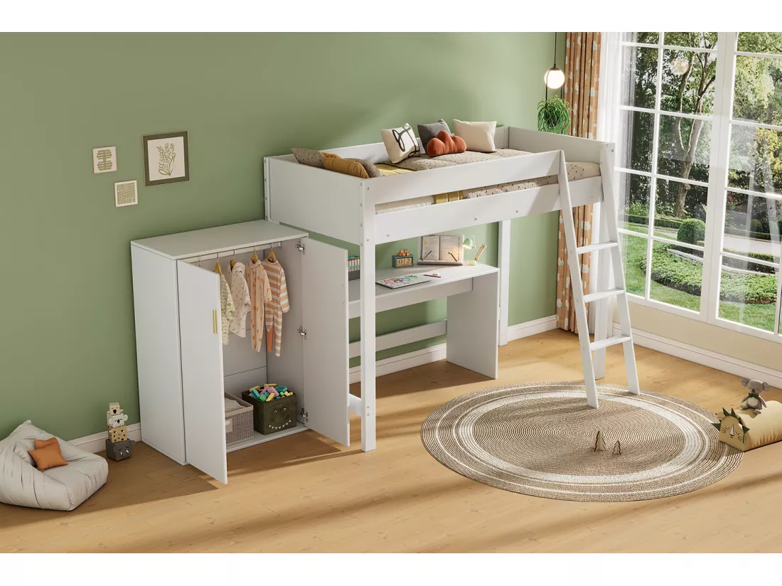 Lit mezzanine 90 x 200 cm avec bureau et grande armoire - Bois massif + MDF - Coloris Blanc (Sans matelas)