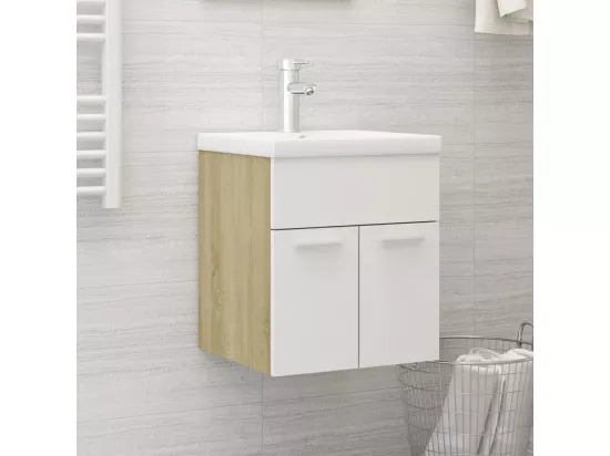 Armoire d'évier avec lavabo intégré blanc et chêne sonoma