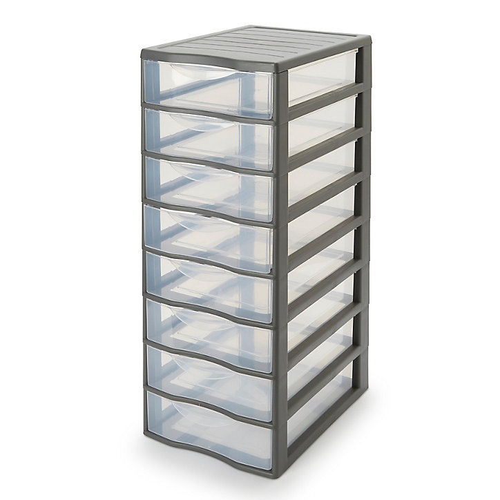 Tour en plastique 8 tiroirs Kontor gris H. 68 x L. 36,5 x P. 26 cm