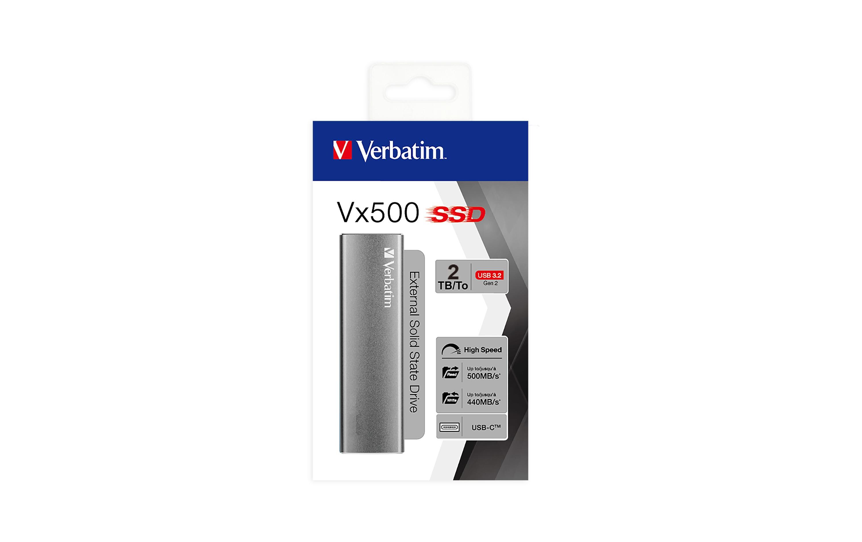 Externe SSD VX500 2000 GB<br>Tragbare SSD mit 2 TB, USB 3.2 Gen 2 und Aluminiumgehäuse in Space Grau