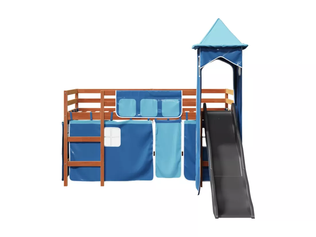 Lit mezzanine enfants avec tour bleu 80x200cm bois pin massif