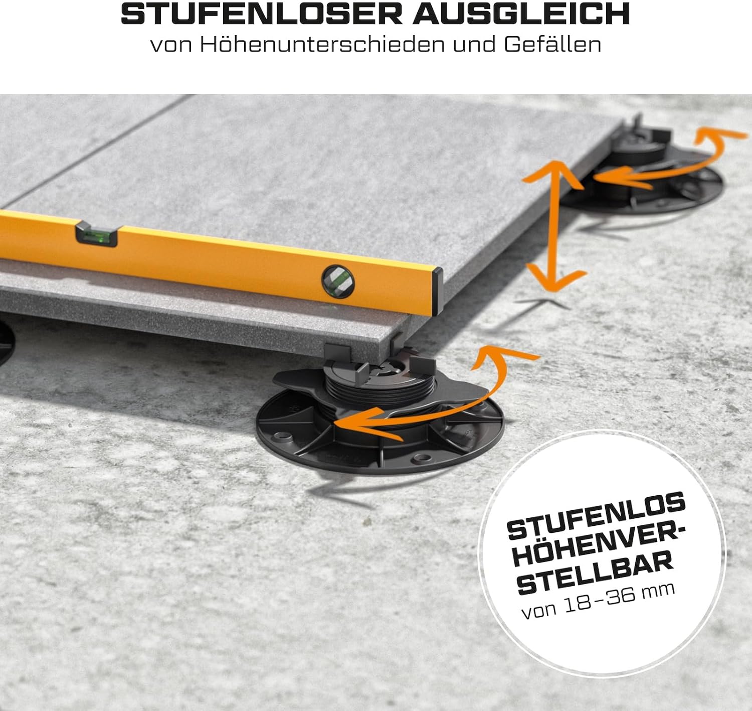 50x LANGFIT® Stelzlager 'M' für Terrassenplatten – Stufenlos höhenverstellbar von 18 bis 36mm – Fugenkreuz 3mm – Flexibles Adaptersystem – Made in Germany – MS-SL18-036-FK